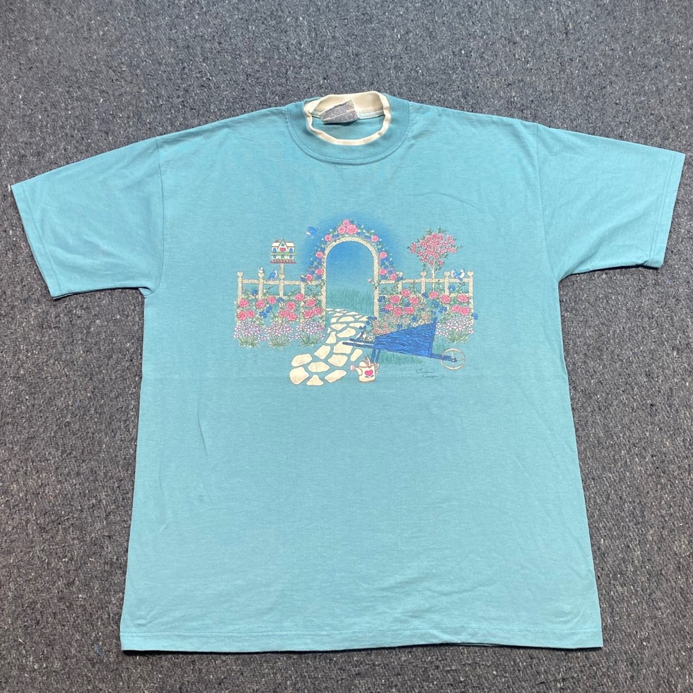 Pleasant Shade Shirt Sz LG Mens Teal Blue Cottagecore Garden Graphic Made in USA